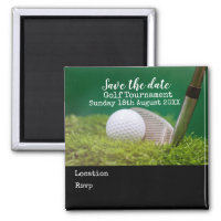Golf ball with golf club on green save the date magnet