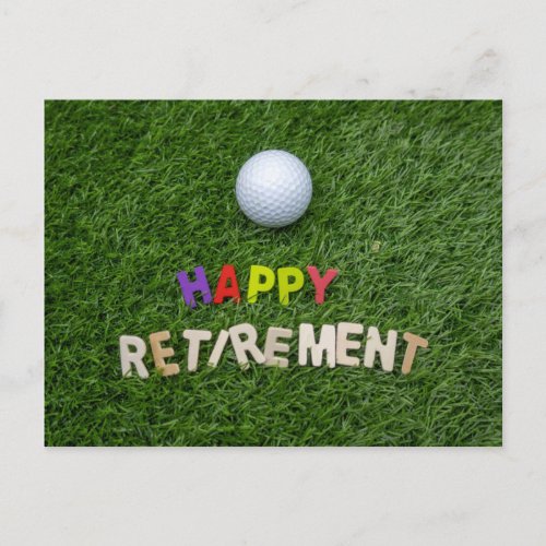 Golf ball with happy retirement on green postcard