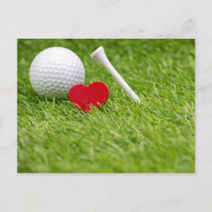 Golf ball with love heart shape and tee postcard