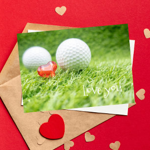 Golf ball with love red heart on green Valentine Card
