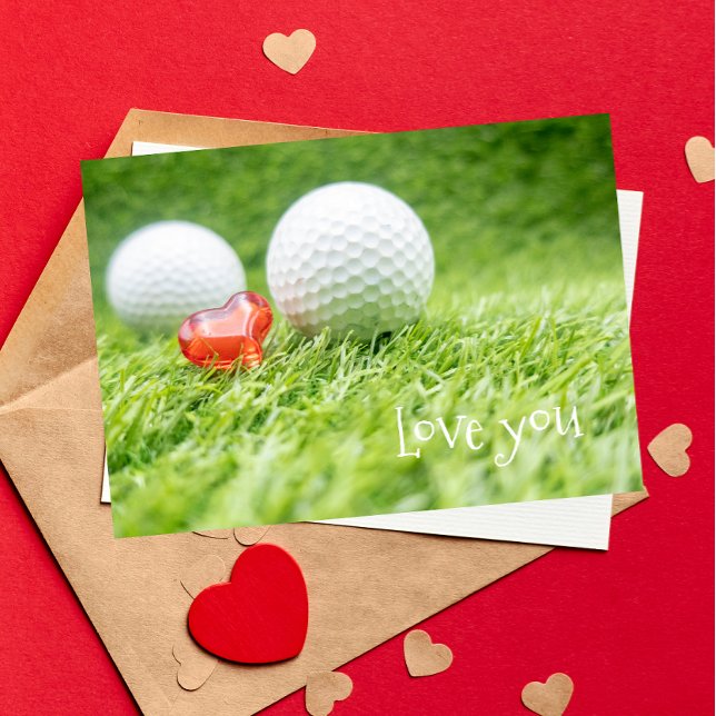 Golf ball with love red heart on green  Valentine Card (Creator Uploaded)