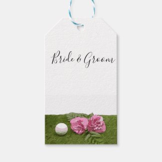 Golf ball with pink carnation flower on green gift tags