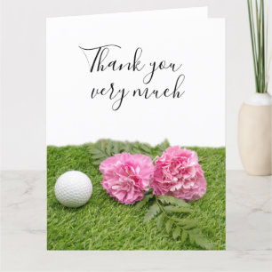 Golf ball with Pink Carnation flowers on green Letterpress Thank You Card