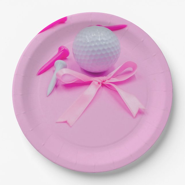 Golf ball with pink ribbon baby shower girl  paper plates (Front)