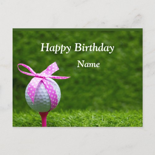 Golf ball with pink ribbon woman golfer birthday   postcard