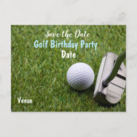 Golf ball with putter are on green grass announcement postcard
