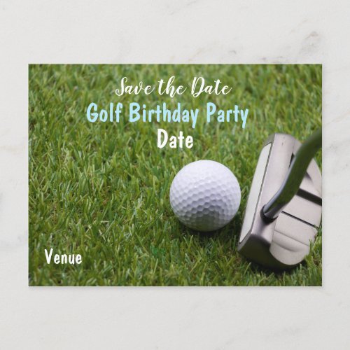 Golf ball with putter are on green grass announcement postcard