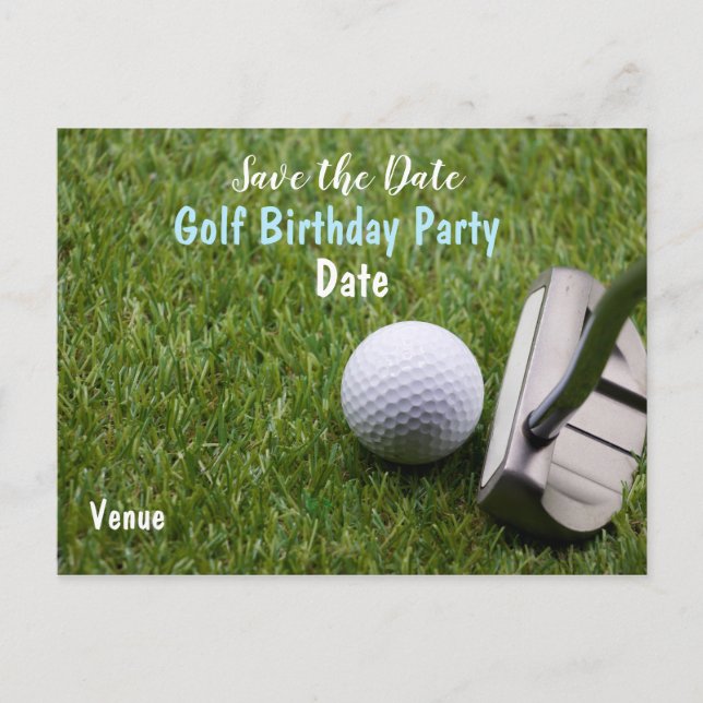 Golf ball with putter are on green grass announcement postcard (Front)