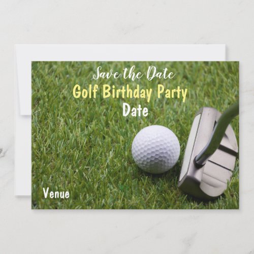 Golf ball with putter are on green grass save the date