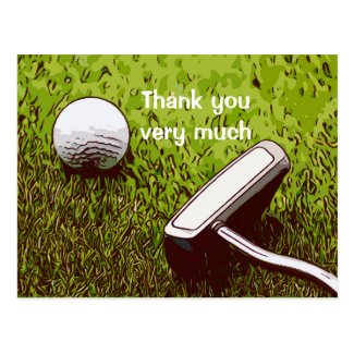 Golf ball with putter watercolor thank you postcard