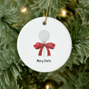 Golf Ball with red ribbon Ceramic Ornament