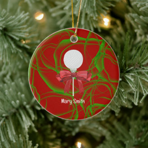 Golf Ball with red ribbon  Ceramic Ornament