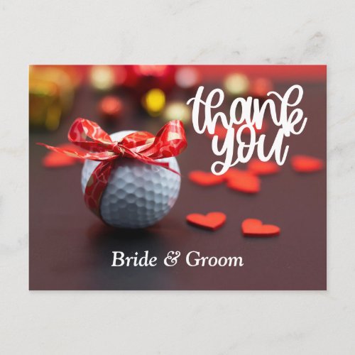 Golf ball with red ribbon with love red hearts postcard