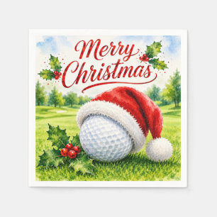 Golf ball with Santa hat on putting green Napkins
