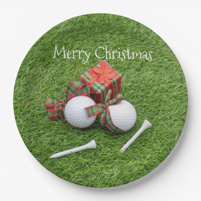 Golf ball with tee and gift for golfer Christmas Paper Plates (Front)