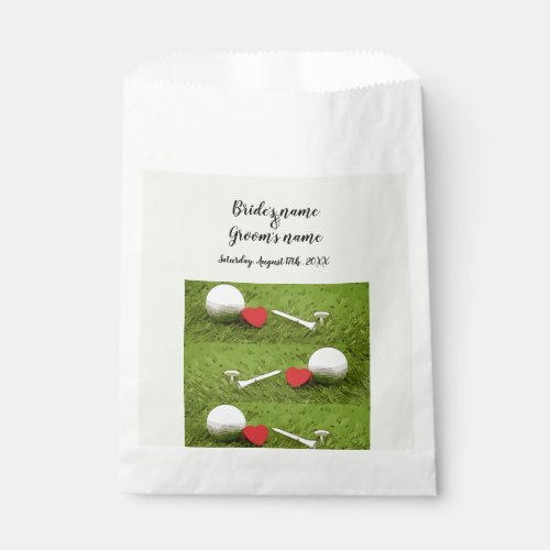 Golf ball with tee and red heart on green wedding favor bag