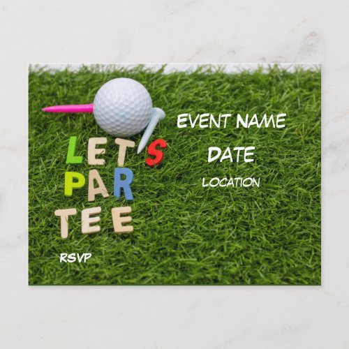 Golf ball with tee Let Par tee party on green Postcard
