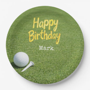 Golf ball with tee on green grass golfer birthday paper plates