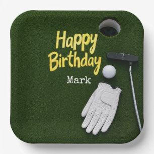 Golf ball with tee on green grass golfer birthday paper plates