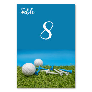 Golf ball with tees are on grass and blue colour table number