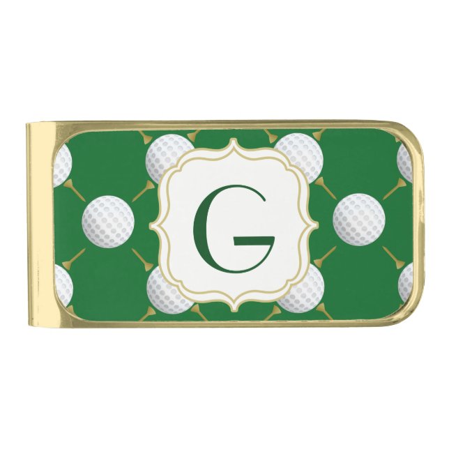 Golf balls and Tees on Green Gold Finish Money Clip (Front)