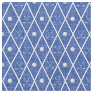 Golf Balls & Clubs Argyle on Blue Fabric