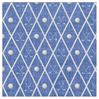 Golf Balls & Clubs Argyle on Blue Fabric