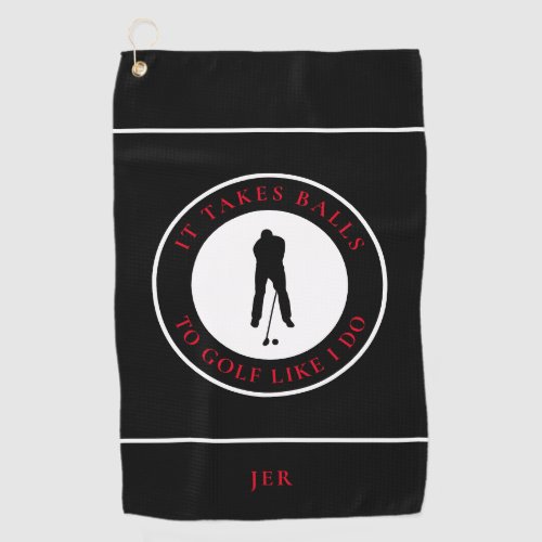 Golf Balls Humor Golfer Pun Monogram Black Red Golf Towel