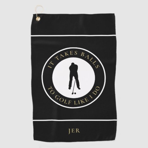 Golf Balls Humor Golfer Pun Monogrammed Black Gold Golf Towel