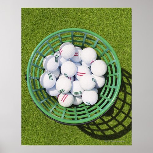 Golf balls in a basket sitting on short green poster
