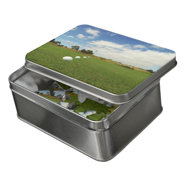 Golf Balls Lined Up To Flag On The Green, Jigsaw Puzzle (Lid Open)