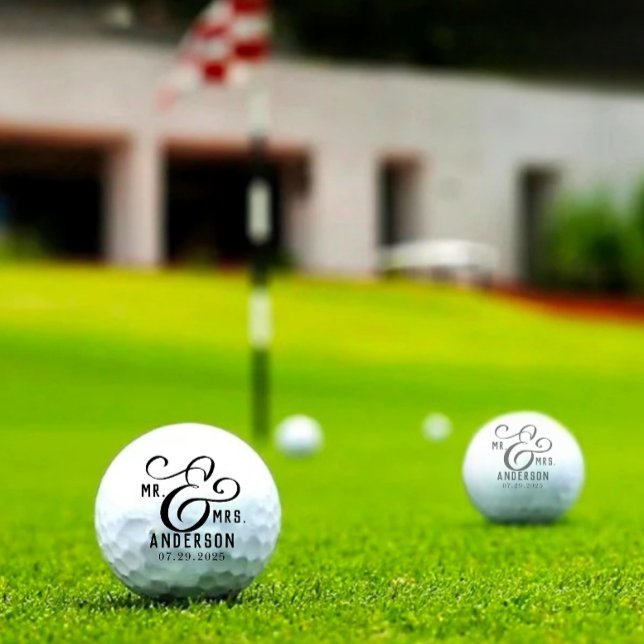Golf Balls Of Modern Couple Name Date Black Text (Modern custom wedding couple name date black text golf ball)
