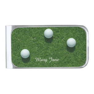 Golf balls on green grass silver finish money clip
