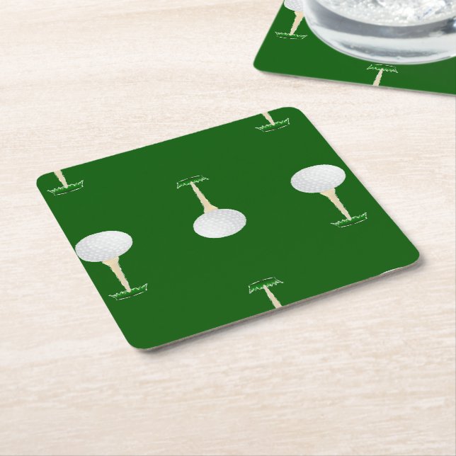 Golf balls pattern on green square paper coaster (Angled)