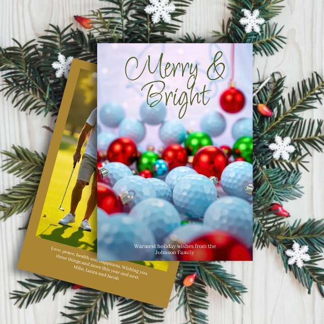 Golf Balls & Shiny Ornaments • Family Photo Gold Holiday Card (Creator Uploaded)