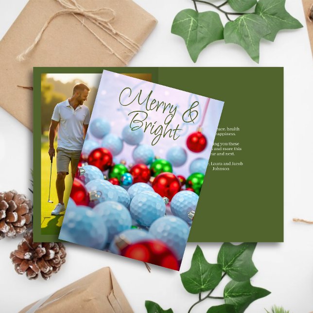 Golf Balls & Shiny Ornaments • Family Photo Green Holiday Card (Creator Uploaded)