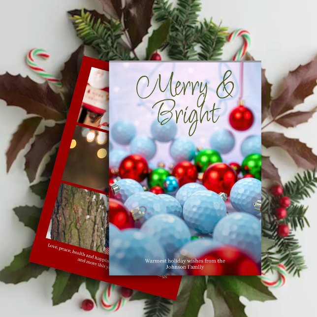 Golf Balls & Shiny Ornaments • Three Photo Red Holiday Card (Creator Uploaded)