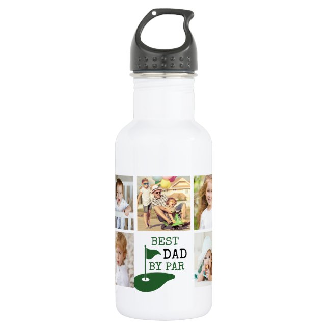Golf BEST DAD BY PAR 7 Photo Collage Stainless Steel Water Bottle (Front)