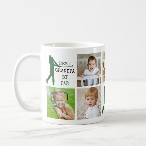 Golf BEST GRANDPA BY PAR 7 Photo Collage Coffee Mug - Create a unique photo collage mug for the golfer grandfather utilizing this easy-to-upload photo collage template with 7 pictures and the funny golf saying title BEST GRANDPA BY PAR in green and black. Makes a memorable, meaningful father gift for his birthday, Grandparents Day, Father's Day or a holiday. ASSISTANCE:  For help with design modification or personalization, color change, resizing or transferring the design to another product, contact the designer BEFORE ORDERING via the Zazzle Chat MESSAGE tab below or email makeitaboutyoustore@gmail.com.