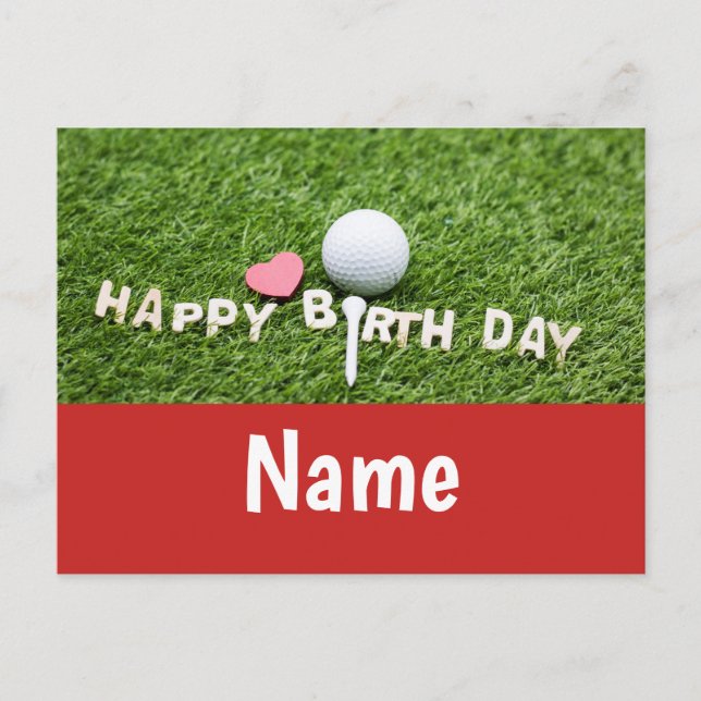 Golf birthday card with golf ball and tee on green (Front)