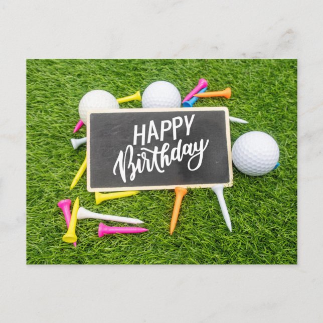 Golf birthday card with golf ball and tee on green (Front)