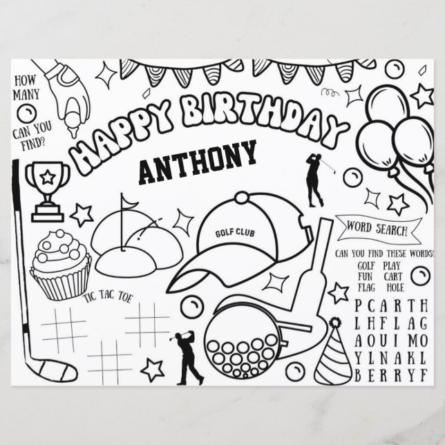 Golf Birthday Coloring Page, Golf Activity Sheet (Front)