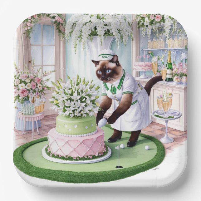 Golf Birthday Party for Cat Lover Golfer Paper Plates (Front)