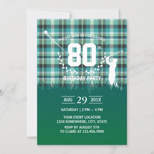 Golf Birthday Party Green Gingham Pattern Invitation