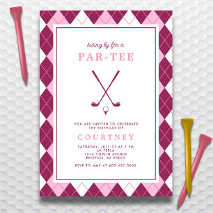 Golf Birthday Party Modern Preppy Argyle Pink Invitation