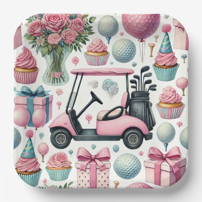 Golf Birthday Party Pink Themed for Girl Woman  Paper Plates (Front)
