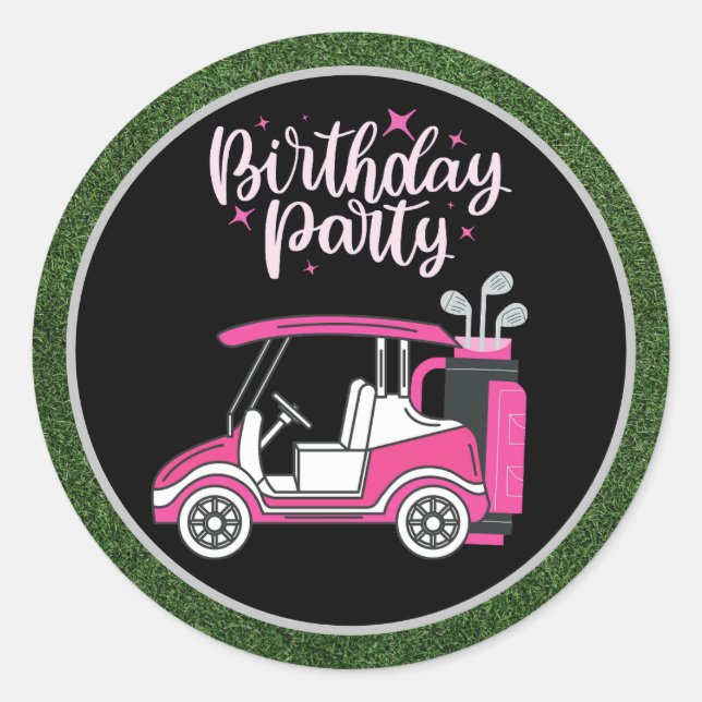 Golf Birthday Party with pink cart for woman Classic Round Sticker (Front)
