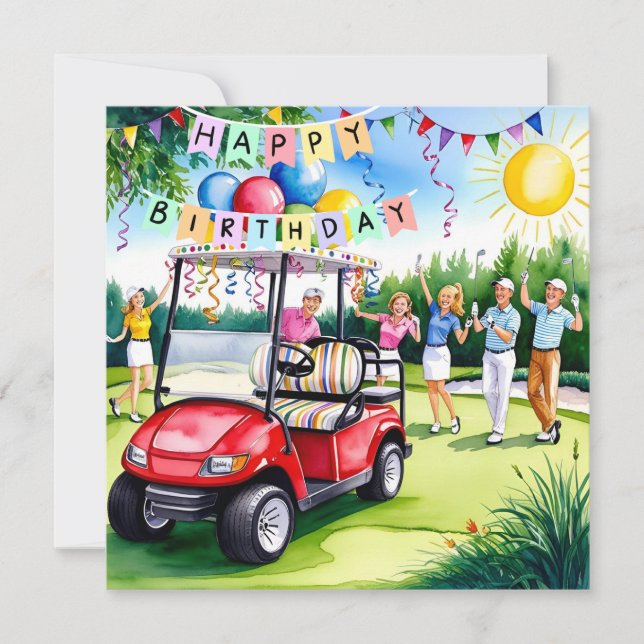 Golf Birthday Themed with golf cart and golfers Card (Front)