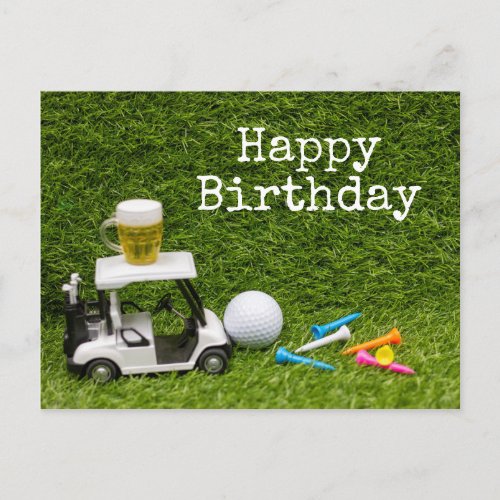 Golf birthday with ball and beer with tees   postcard