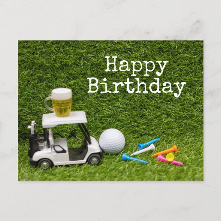 Golf birthday with ball and beer with tees postcard | Zazzle